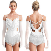 Womens Tassel Jazz Latin Dance Leotard Dress Glittery Rhinestones Adjustable Straps Cutout Fringed Bodysuit with Gloves