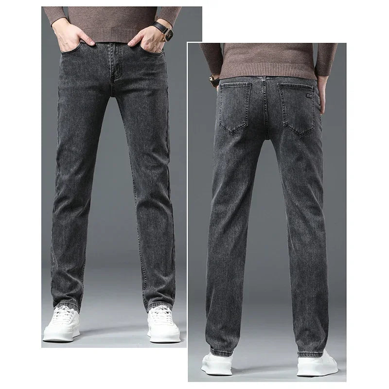 Men Casual Stretch Jeans Male 2025 New Fashion Classic Business Straight Leg Smoke Gray Work Denim Trousers Brand Clothing
