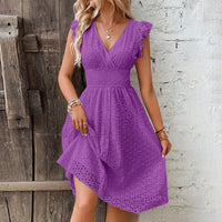 Summer Womens Vacation Short Dress Sexy V Neck Flare Sleeve Solid Color Hollow Lace Waist Dress Casual Beach Holiday Dresses