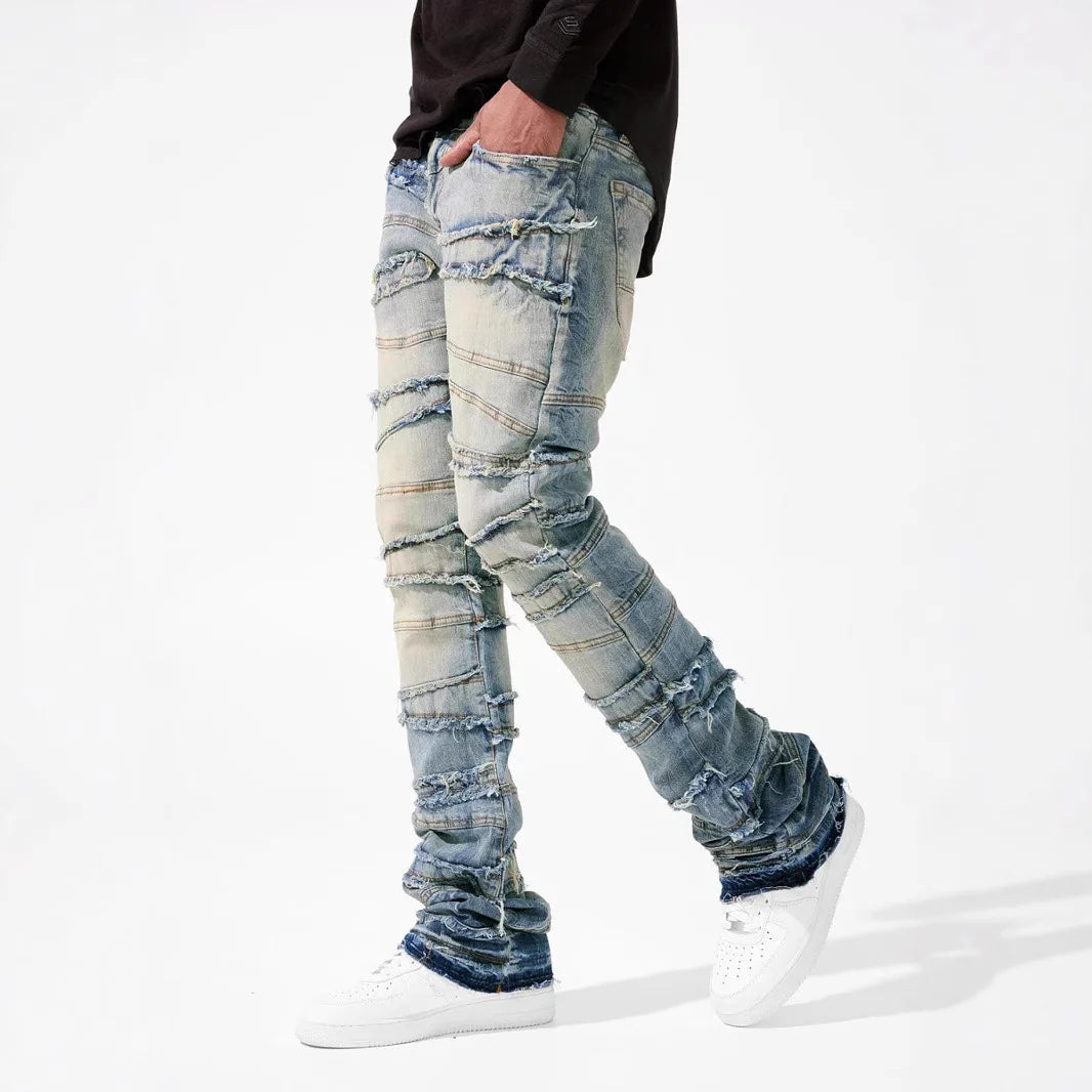 Straight Pant Men Jeans Denim Pants Slim Fit Irregular Folds Tassel Splice Simple Button Pocket High Street Trousers Spring