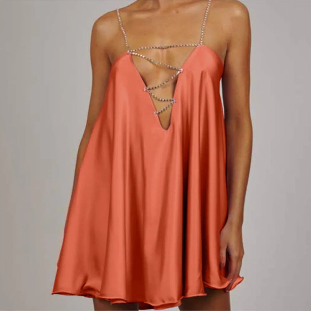 Sexy Club Party Dress Women Summer Deep V Neck Chain Spaghetti Strap Mini Dresses Y2k Fashion Loose Satin Short Dress Girl