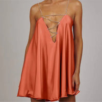 Sexy Club Party Dress Women Summer Deep V Neck Chain Spaghetti Strap Mini Dresses Y2k Fashion Loose Satin Short Dress Girl