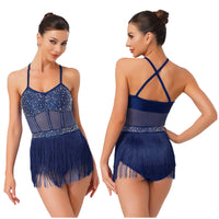 Women Tassel Latin Jazz Salsa Leotard Dance Dress Tango Dance Costumes Sheer Mesh Patchwork Rhinestones Fringed Bodysuit Dress
