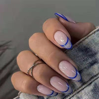 24Pcs Long Round Head Black Glod Line Press On Nail Art Removable Fake Nails With Glue Full Cover Waterproof False Nails