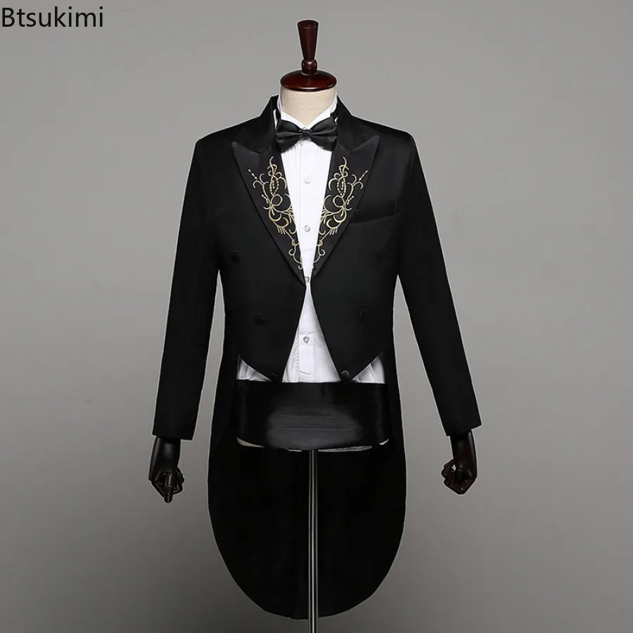 2025 Two Pieces Tailcoat Suit Men's Classic Lapel Tail Tuxedo Coats Pants Sets Men Wedding Groom Dress Up Stage Perform Costumes