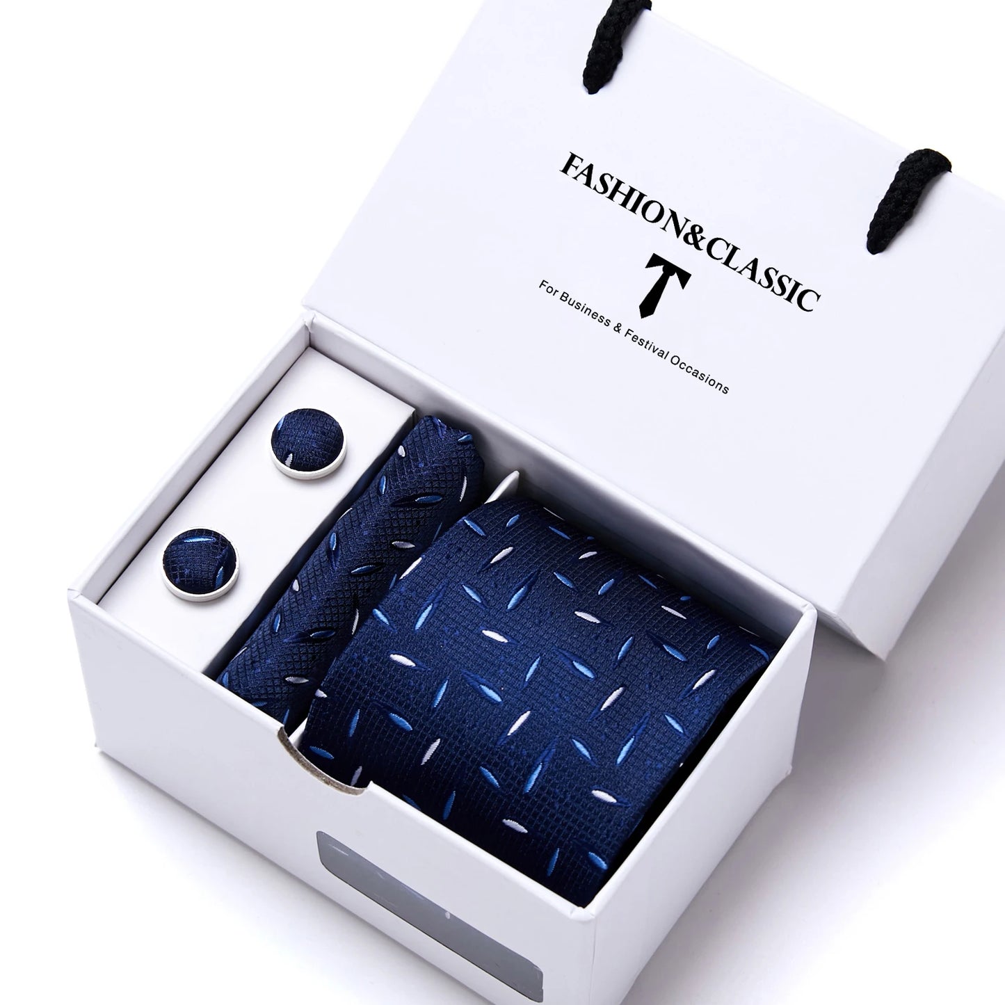 High Quality 7.5 cm Stripe Blue Tie Pocket Square Cufflinks Set For Men Gift Box Wedding Gravatas Fit Workplace