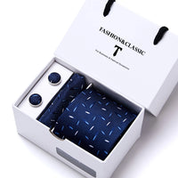 High Quality 7.5 cm Stripe Blue Tie Pocket Square Cufflinks Set For Men Gift Box Wedding Gravatas Fit Workplace