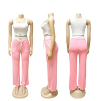 Letter Print Label Color Patchwork 2 Piece Set Women Tracksuits Ribbed Tank Crop Top + Drawstring High Waist Wide Leg Pants Suit
