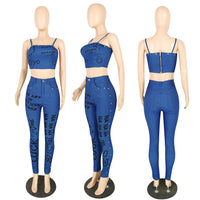 CM.YAYA Club Party Letter Print Fake Jean Women Set Two Piece Set Tracksuits Crop Top Jogger Sweatpants Suit Outfit Matching Set