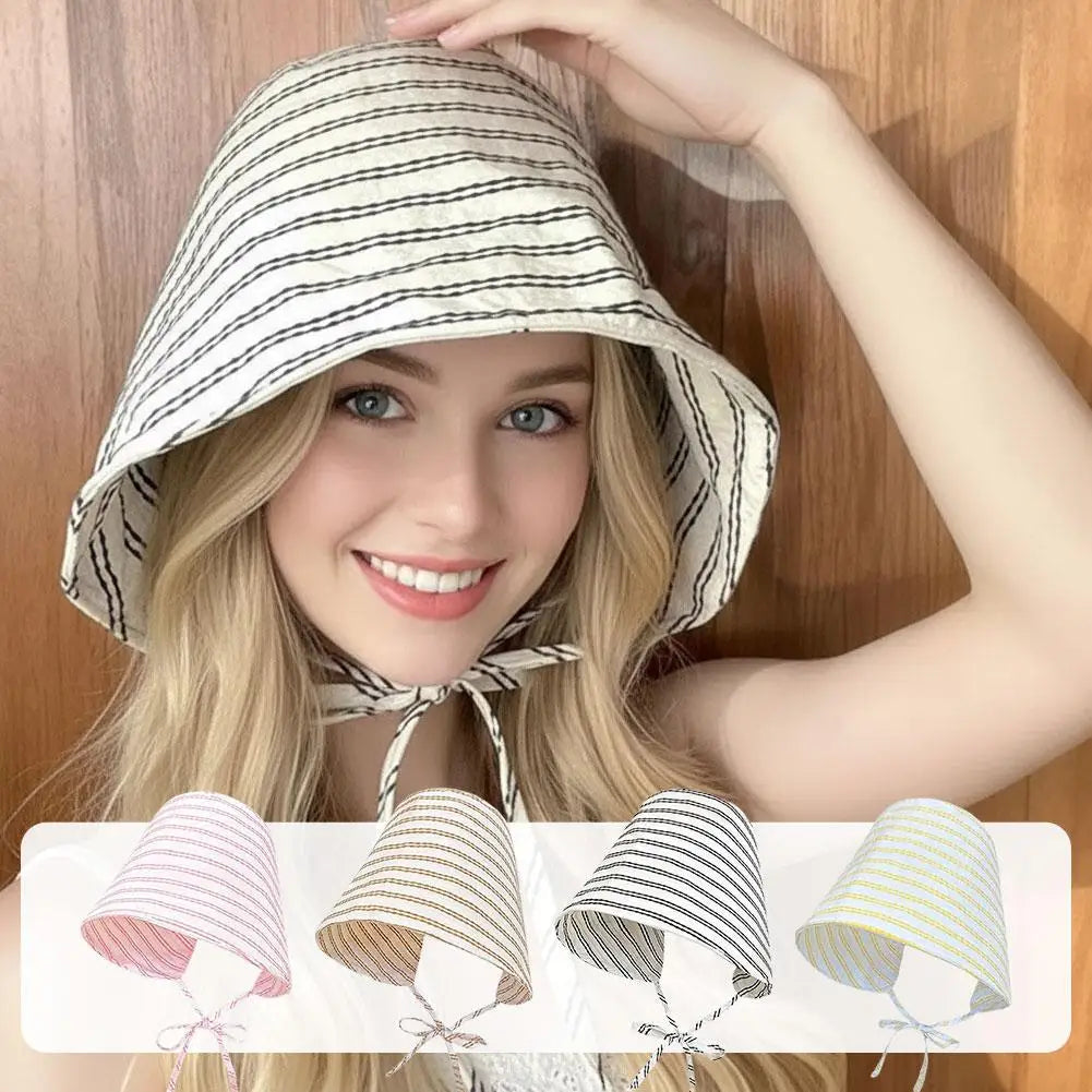 UPF50+ Striped Bucket Sun Hat, 56-58cm Adjustable Chin Tie Polyester Sun Hat for Beach, Hiking & Outdoor