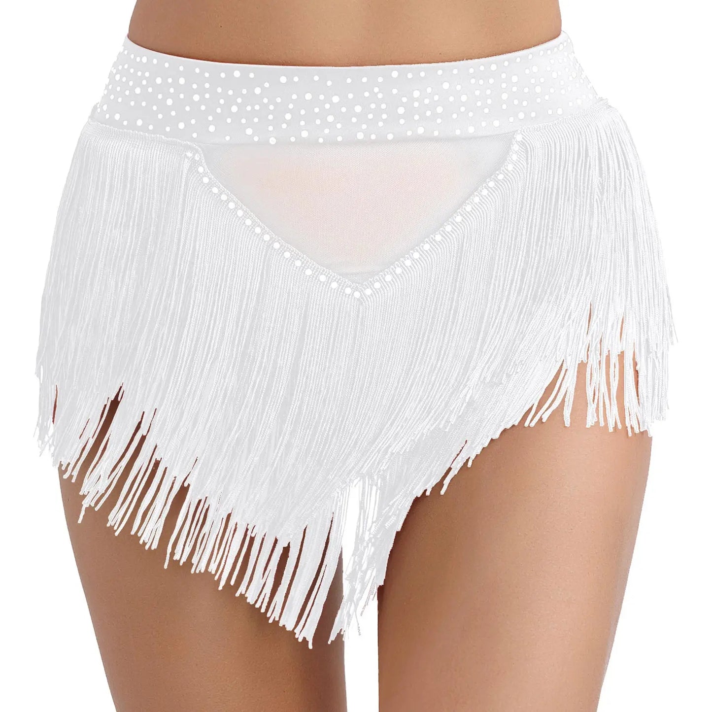 Womens Tassel Belly Dance Shorts Skirts Samba Fringe Latin Rumba Samba Tango Dancewear Shiny Rhinestone See Through Mesh Bottoms