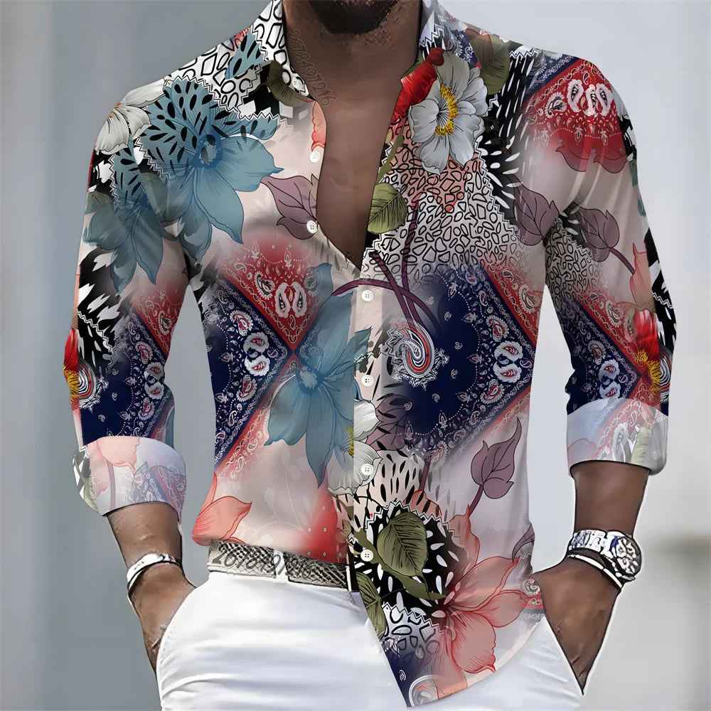 Summer lightweight men's printed long-sleeved shirt, retro floral plaid color-blocked casual shirt, Hawaiian vacation style top.