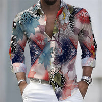 Summer lightweight men's printed long-sleeved shirt, retro floral plaid color-blocked casual shirt, Hawaiian vacation style top.
