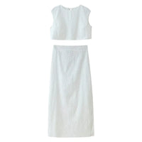 ETJ 2025 new  women's elegant and gentle hollow embroidery round neck jacket & high waist slit skirt fashion casual suit