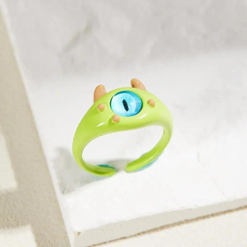 2023 New Cute Green Monster Rings Women Fashion Sweet Two Color Cat Eyes Open Couple Ring