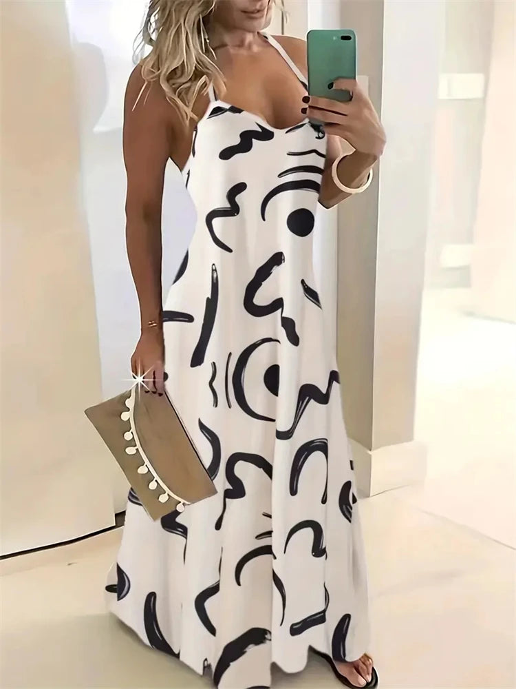 Women's New Fashion Summer Sleeveless Dress Casual Long Retro Strap Dress Street 3D Texture Print Comfortable Breathable Dress
