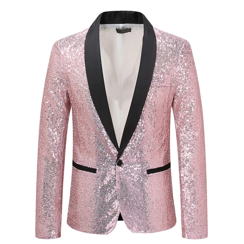 Shiny Sequin Men's Suit Jacket, Stage Performance Coat, White Silver Blue Red Purple Blazers V-neck Single Button S M L XL XXL
