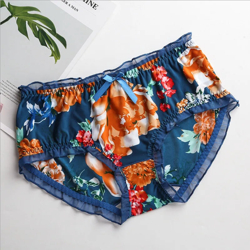 2023 New Cute Intimates Soft Smooth  Girls Underwears Ruffle Bow Flower Print Plus Size Sexy Lingeries Women's Panties