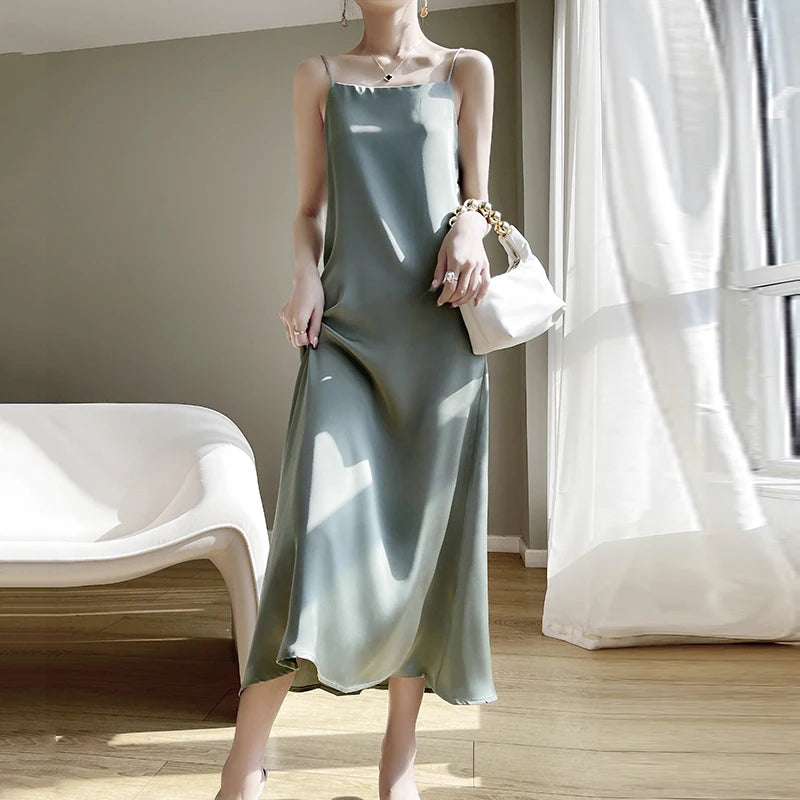 2025 New Model One Collar French High-end Silk Camisole Dress.  Solid Color Base Long Skirt