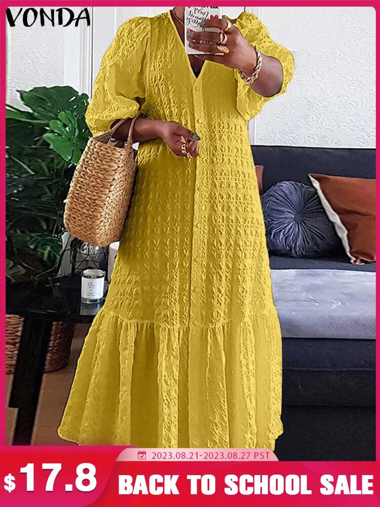 Plus Size 5XL VONDA Women Shirt Dress 2023 Summer Sexy V Neck Buttons Half Sleeve Long Maxi Vestidos Bohemian Elegant Party Robe