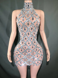 Sparkly Rhinestones Short Dress for Women Sexy Mesh Transparent Celebrate Evening Prom Event Birthday Dress Photo Shoot Wear
