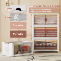 Folding Portable Storage Cabinet Bins Stackable Organizer Box with Caster Wheels Collapsible Toy Storage with Double Door