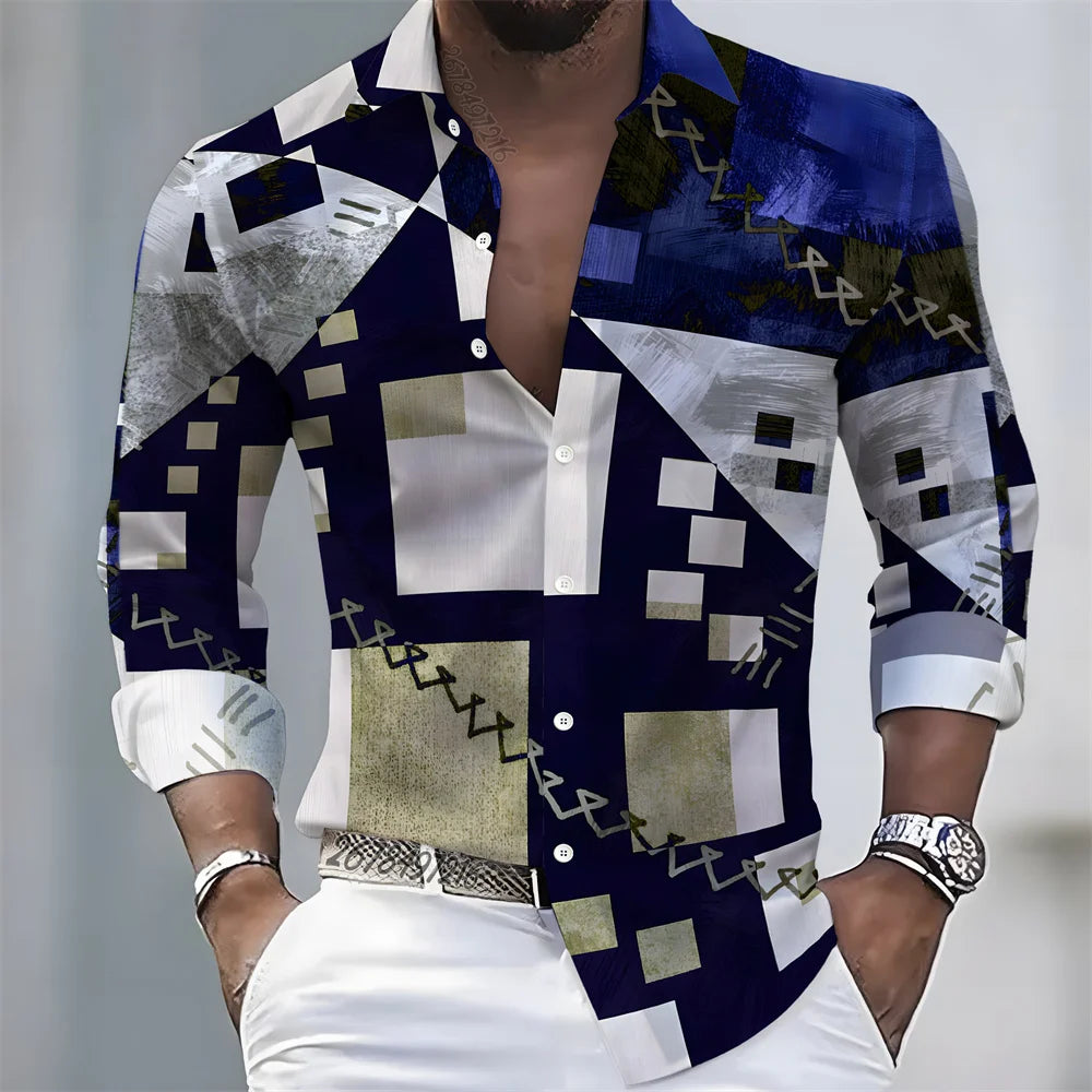 Summer lightweight men's printed long-sleeved shirt, retro floral plaid color-blocked casual shirt, Hawaiian vacation style top.