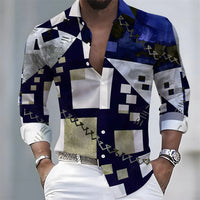 Summer lightweight men's printed long-sleeved shirt, retro floral plaid color-blocked casual shirt, Hawaiian vacation style top.