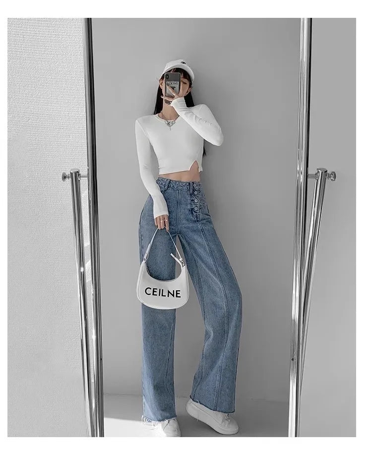 High-waisted Jeans Women's Loose-fit Straight-leg Trousers Draped Wide-leg Denim Pants