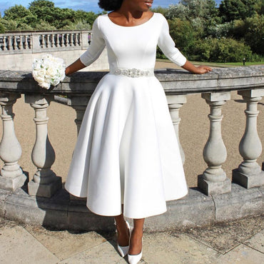 Summer Business Dress Women Casual Solid O Neck 3/4 Sleeve Tight High Waist Ruffle Hem Long Maxi Party Work Dress Women