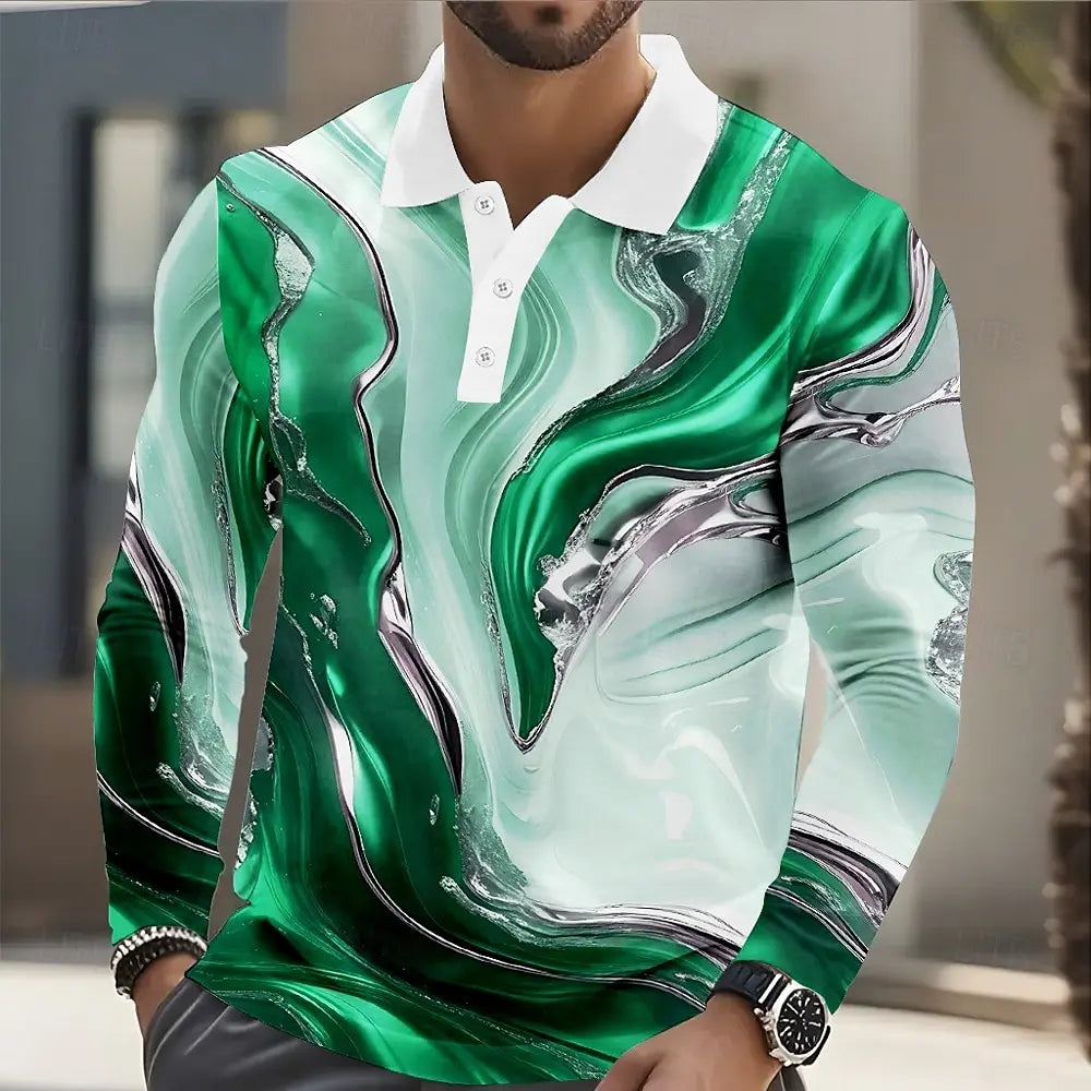 Men's Geometic Line Long Sleeve Polo Shirt Breathable Casual Geometic Marble Tops Slim Fit Quick Dry Classic Collar Multi Color