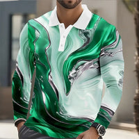 Men's Geometic Line Long Sleeve Polo Shirt Breathable Casual Geometic Marble Tops Slim Fit Quick Dry Classic Collar Multi Color
