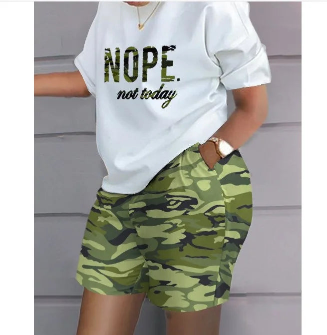 Women Print Two Piece Shorts Sets Matching Sets Short Sleeve T Shirts Pockets Elastic Waist Trousers Y2k Tops Suits Summer 2025