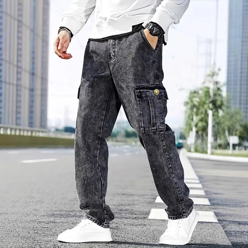Korean Casual Comfortable Loose Fitting Jeans For Men Large Pocket Jeans Seasons Straight Leg Pants Work Pants
