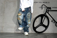 High End Men'S Clothing Hip Hop Graffiti Baggy Jeans For Men Streetwear Skateboard Ripped Jeans Korean Trendy Denim Trousers