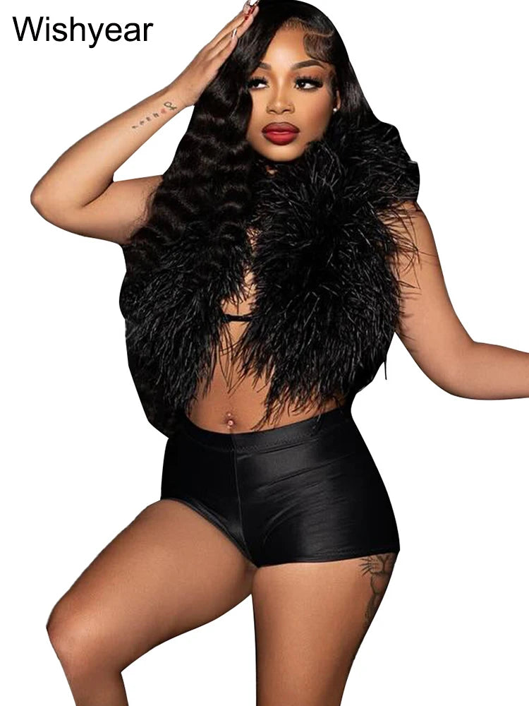 Sexy Night Club 2 Piece Pants Set Women Summer Furs Halter Tank Tops and Tight Stretch Shorts Hot Girls Midnight Party Suits y2k