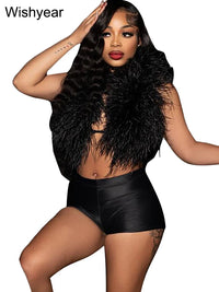 Sexy Night Club 2 Piece Pants Set Women Summer Furs Halter Tank Tops and Tight Stretch Shorts Hot Girls Midnight Party Suits y2k