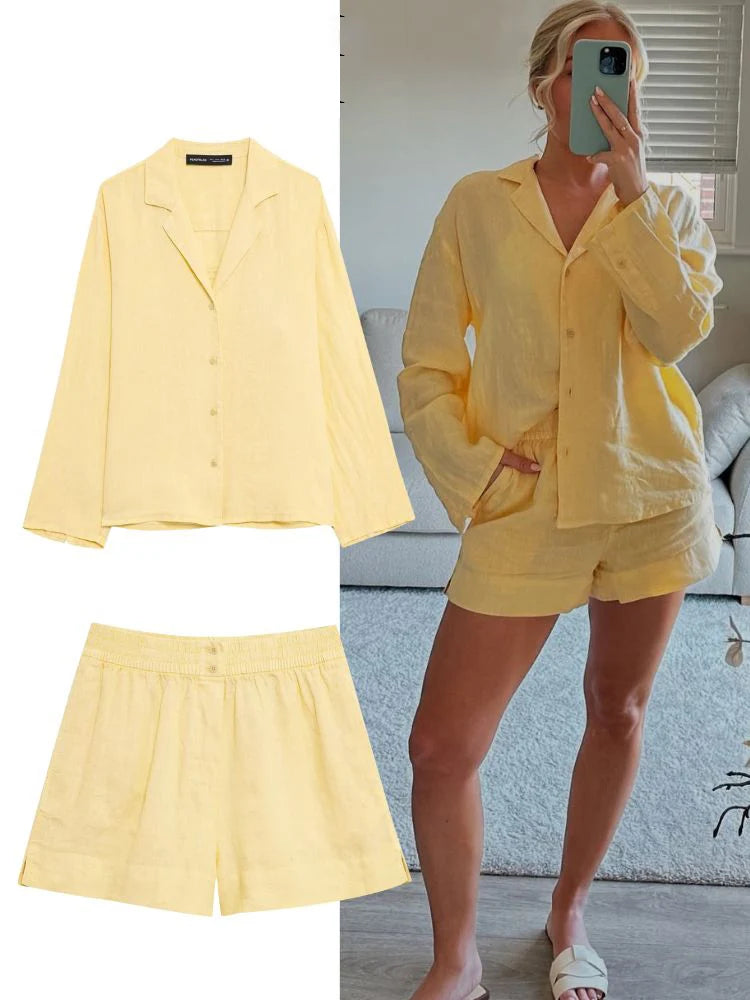 HH 2025 Casual Women Linen Shirt Shorts Sets Summer Lapel Single-Breasted Long Sleeves Shirt Top+Elastic Waist Pocket Shorts