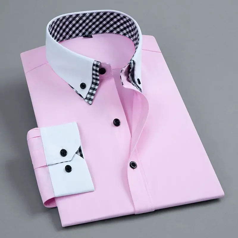 Mens Dress Shirt Long Sleeve Non Iron Fashion Double Layer Business Formal Regular Fit Office Camisa Social Solid Button Shirts