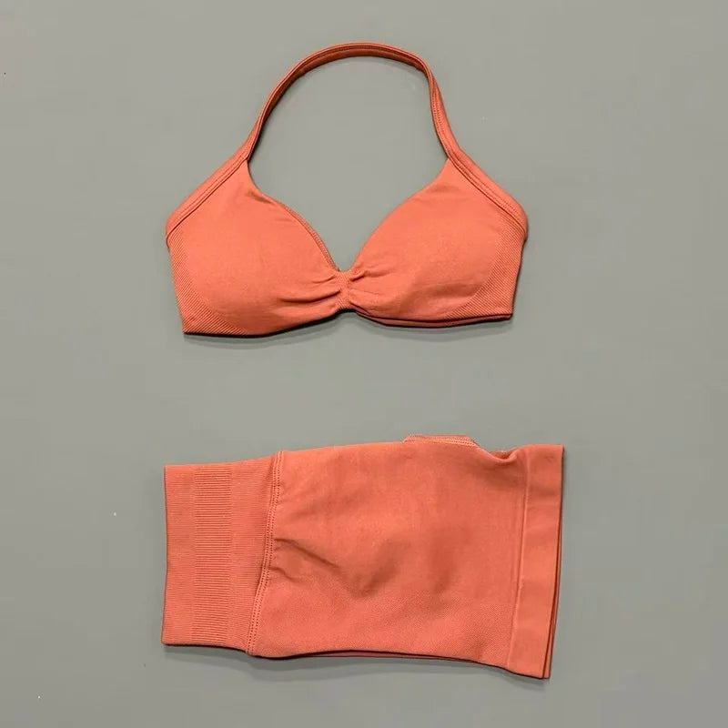 2 Piece Sport Set Women Seamless Yoga Tank Bra High Waist Scrunch Bum Gym Shorts Sets Fitness Running Workout Suit
