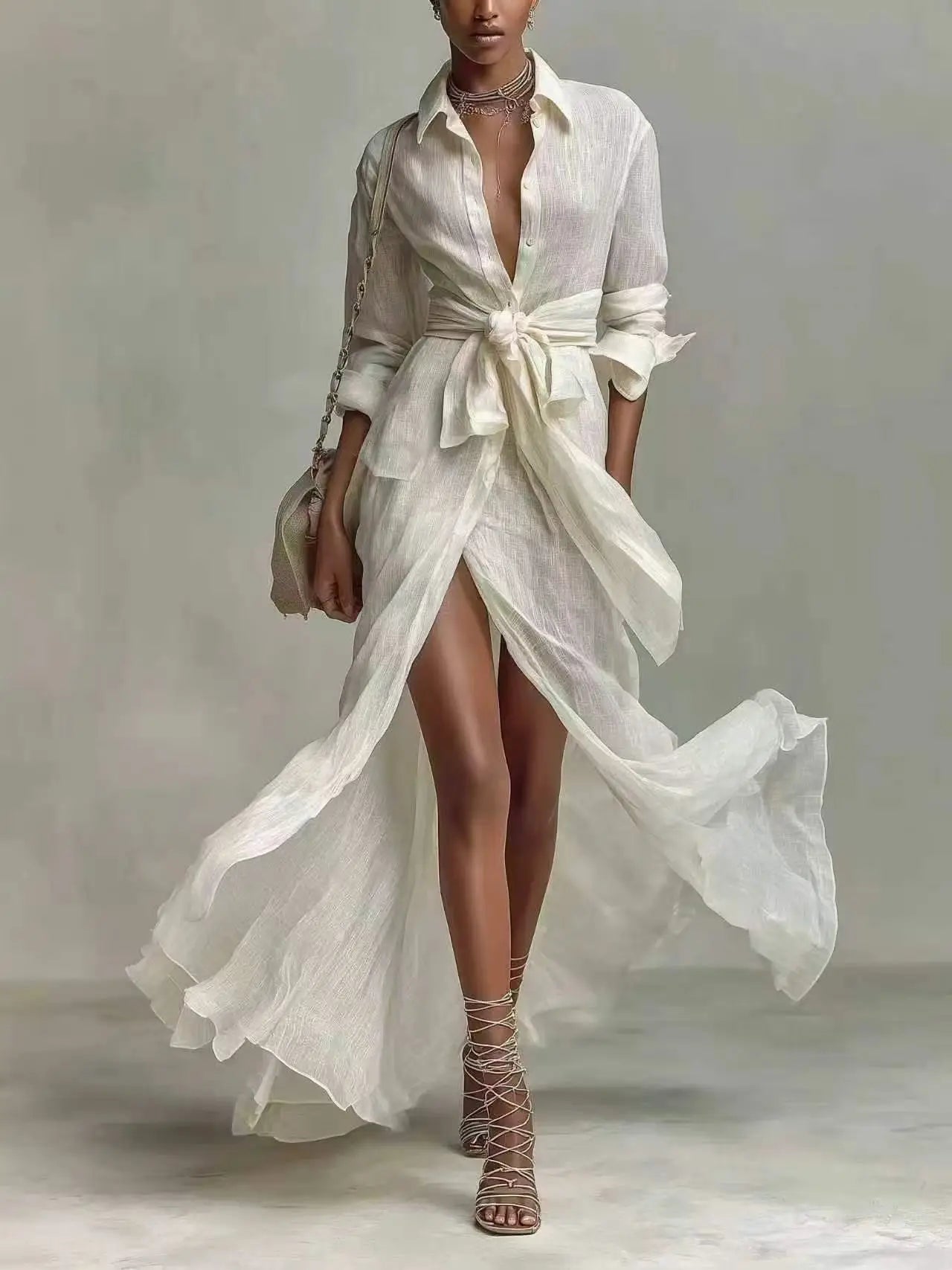 Bohemian Elegant Lace-up High Waist Long Dress Woman New Turn-down Collar Hollow Party Dress Spring Long Sleeve Maxi Dress