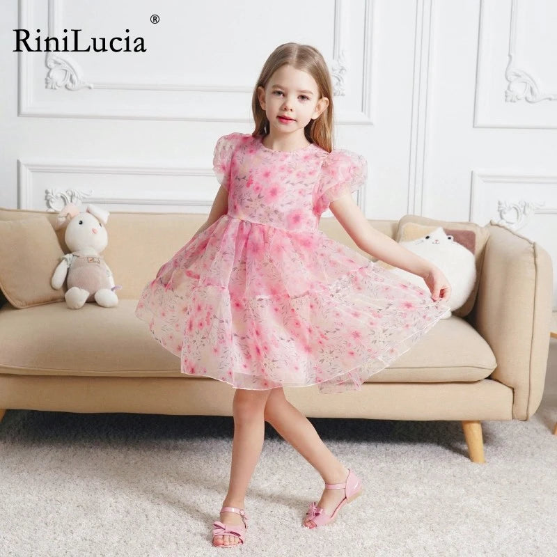 RiniLucia 2023 New Summer Baby Girl Dress Floral Print Cute Princess Dress Children Kids Party Dresses Girls Clothes Vestido