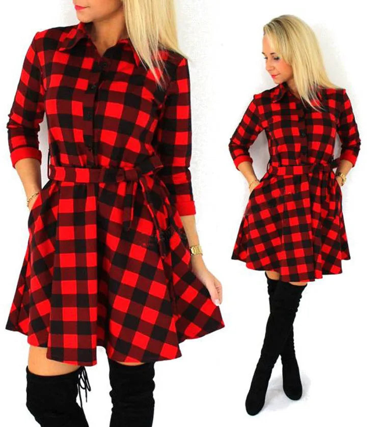 Autumn Winter Women Casual Dress Plaid Print Shirt Dress High Waist Casual Slim Dress Vestidos With Belt Dress Elegant Dresses