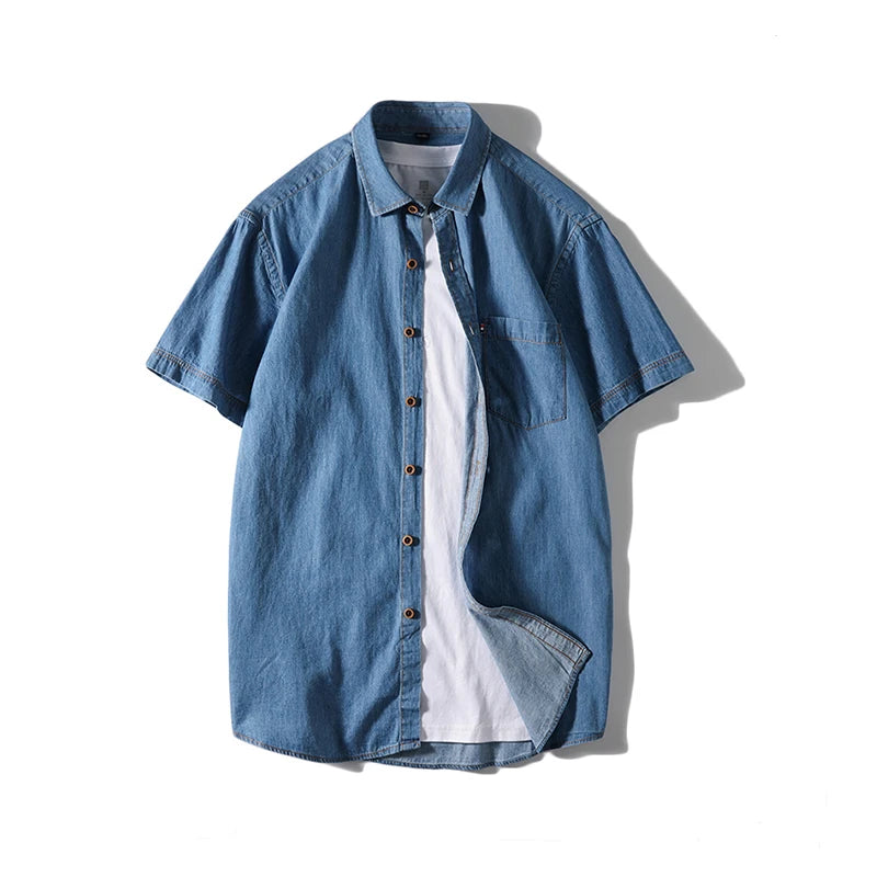 Mens Shirts Summer Men's Fashion Business Trend Cotton Denim Short-sleeved Shirt with All Cotton Solid Color Casual Thin Shirt
