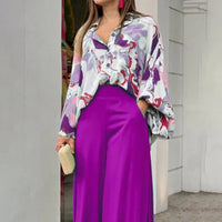 Fashion Print Set Women Casual Long Sleeve Button Shirt+Pockets High Waist Wide Leg Pants Office 2 Piece Sets Lady Spring Summer