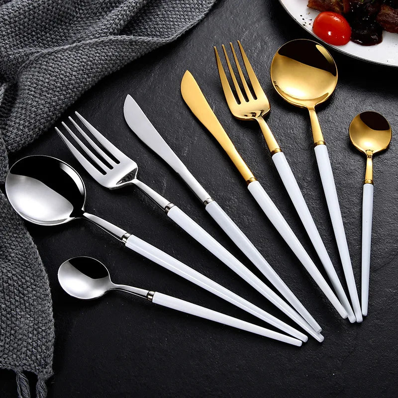 Gold Plated Stainless Steel Tableware Restaurant Kitchen Cookware Steak Western Food Luxury Knife Fork Spoon Dinnerware Sets