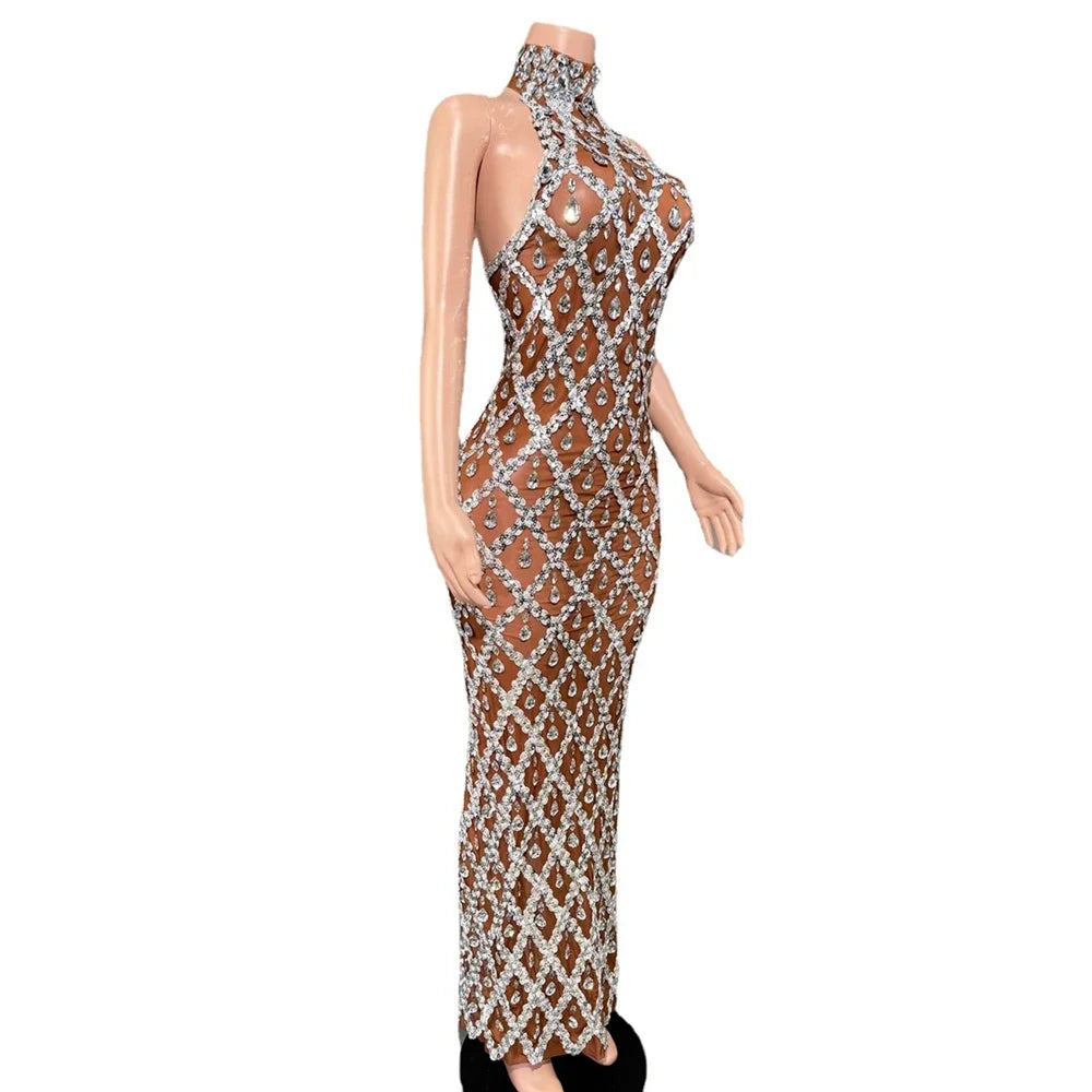 Sparkly Rhinestones Sleeveless Long Dress Elegant Dark Mesh Celebrate Evening Wedding Prom Gown Birthday Dress Photograph Wear