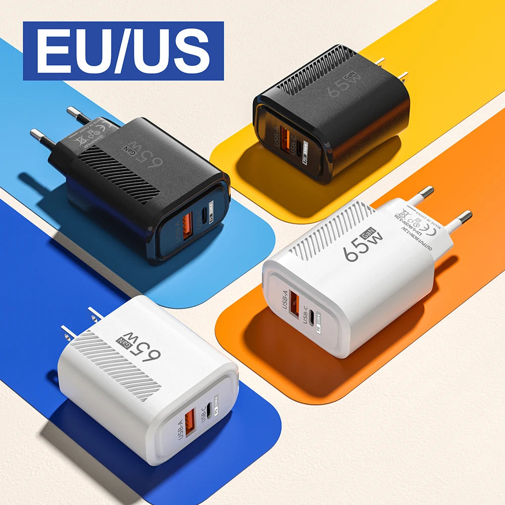 65W GaN Charger USB C Fast Charging Type C PD Quick Charger 3.0 Wall Adapter For iPhone Xiaomi Samsung Oneplus POCO EU/US Plug