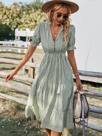 Women Elegant Striped Lantern Sleeve Summer Dress Causal V-neck Button Ruffles Midi Dress 2023 Women Beach Holiday Party Dress