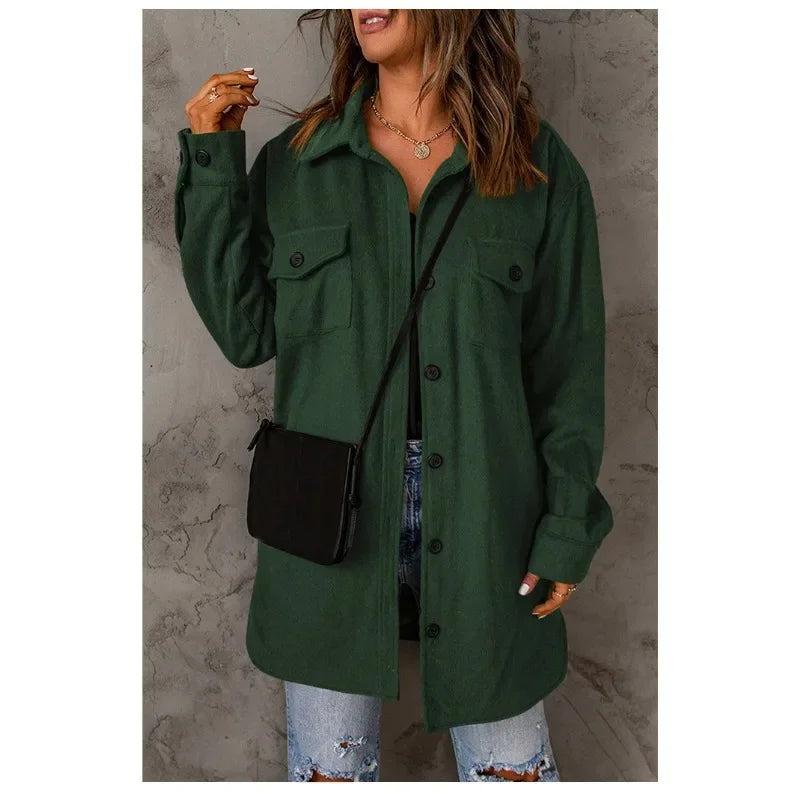 Winter Women Woolen Coat Top Elegant New 2024 Fashion Long Sleeve Turn Down Collar Single Breated Pocket Loose Jacket Outwear